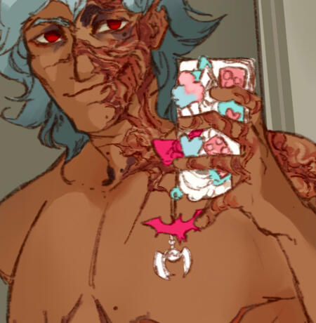 A picture of Il Dottore holding a highly decorated pink, blue and white phone and taking a selfie.
